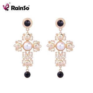 Wholesale vintage cross earrings for sale - Group buy Rainso Vintage Earrings Natural Pearl Gold Cross Earring Stud For Women JEW01558 Dangle Chandelier