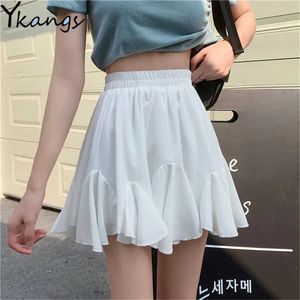 Casual Irregular Ruffled High midje Mini kjol Kvinnor Solid White All-Match korta kjolar Harajuku Summer Korean veckad kjol 210619