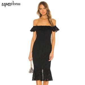 Darmowa koronkowa bandażowa sukienka przybycia seksowna karta ramię Ruffle Sleeve Bodycon Halter Midi Club Party Vestidos 210524