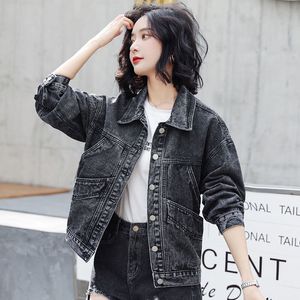 Vintage Denim Jacket Casual Coat Kvinnors Svart Höst Koreansk Style Långärmad Loose Coats 96B 210420