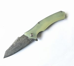 Jade Flipper Folding Kniv VG10 Damascus Stålblad Stålplåt + G10 Hantera Utomhus Camping Vandringskula Bearing Fold Knives