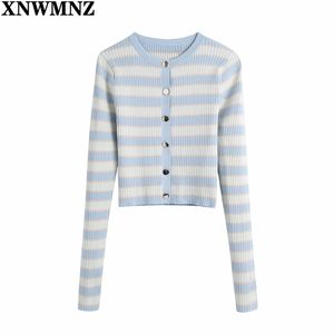 Chic Fashion Striped Cropped Stickad Cardigan Sweater Kvinnor Vintage Långärmad Kvinnlig Ytterkläder Toppar 210520