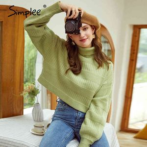 turtleneck patchwork knitted women pullover Casual solid long sleeve sweater female Autumn winter short jumper 210414
