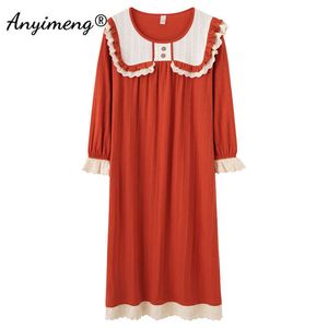 3xl 4xl 5xl Big Size Women Nightgown Autumn Winter Soft Vintage Night Dress Princess Elegant Lace Sleepwear Cotton Long Gown 210924