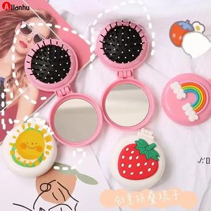 Folding Airbag Comb with Mirror Cartoon Portable Plastic Air Cushion Head Massage Comb for Travel Camping Wfas