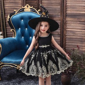 Çocuk Noel Elbise Kız Vintange Nakış Çiçek Tül Prenses Holloween Çocuklar için Moda Boncuk Giyim 210529