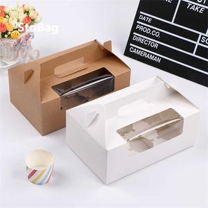 StoBag 10pcs Cup Cake Transparent Window Muffin Box White Cardboard Portable Baking Box DIY Handmade Biscuit Packing For Party 210602