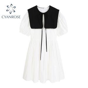 Desenhista de duas peças vestidos brancos feminino moda casual pérola preta bandagem doce coreano streetwear vestiod 210515