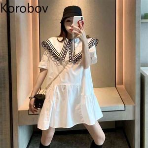 Korobov New Chic Summer Vintage Women Dress Sweet Patchwork Peter Pan Collar Dresses Korean Robe Femme 210430