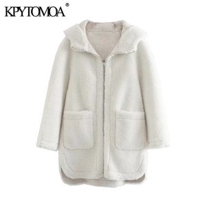 Women Fashion Thick Warm Faux Fur Hooded Coat Vintage Long Sleeve Pockets Female Outerwear Chic Teddy Overcoat 210416