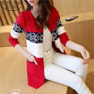 Spring damska długi sweter kaszmirowy jesień cardigan dziewiarski sweter różowy czarny czerwony druk zima moda slim kobiety 7479 210527