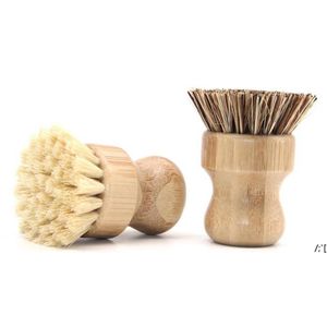 Spazzola rotonda in legno con manico in vaso, piatto domestico, palma in sisal, bambù, faccende da cucina, strofinare spazzole per pulizia, 2 colori RRB14103