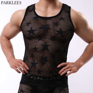 Estrela Bordada Mens Ver através de Mesh Fishnet Tank Top Sexy Perspectiva Sem Mangas Músculo Músculo Top Masculino Bodybuilding Tee 210522