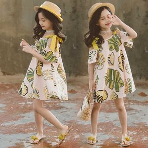 Yaz Kız Elbise Moda Yeni Kore Jartiyer Serin Kız Sevimli Pastoral Baskı Muz Yaprağı Elbise Büyük Çocuk Giyim Q0716