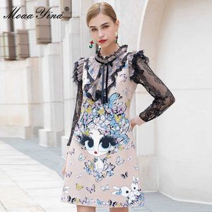 Moda Designer Dress Jesień Damska Sukienka Z Długim Rękawem Koronki Patchwork Ruffles Cartoon Butterfly Słodkie sukienki 210524