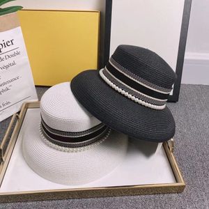 Women Wide Brim Hats Classic Fashionable Pearl Removable Hat Strap Lady Summer Woven Straw Caps Fashion Accessories