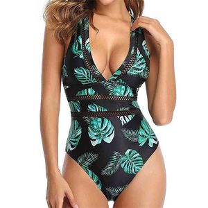 Women Swimsuits Monokini Sexy Hollow Out Mesh Deep V Neck Plunge Bathing Suit Backless Bodysuit Plus Size Beach 210630