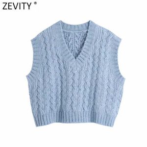 Zevity 여성 패션 V 목 솔리드 크로 셰 뜨개질 트위스트 뜨개질 스웨터 여성 민소매 캐주얼 슬림 조끼 세련된 풀오버 탑 S606 210603