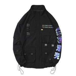 Techwear Multi-Pocket Reflective Print Cargo Jackets Coats Män Casual Streetwear harajuku Loose Ytterwear Hip Hop Windbreaker 211008