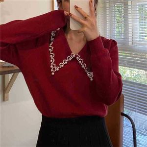 Mode Pullovers Retro Varma Pärlor Vår Elegant Knitwear Solid Slå ner Collar Causal Loose Sweater Toppar 210525
