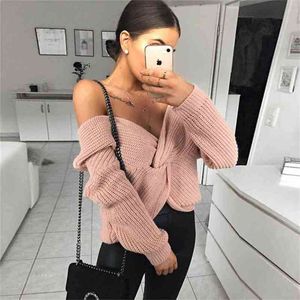 knitted off the shoulder sweater pullovers long sleeve oversized sexy tops basic autumn winter jumper 210427