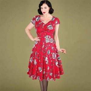 Olen Cadılar Bayramı Yaz Patenci Elbise Zarif Vintage Kırmızı Şeker Kafatasları Çiçek Baskı 50 S Rockabilly Akşam Parti Artı Boyutu Elbiseler 210409