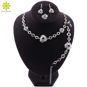 African Fashion Costume Rhinestone Necklace Earrings Bracelet Ring Set Silver Plated Wedding Bridal Costume Jewelry Set H1022
