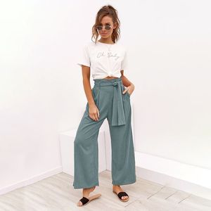 Casual Baumwolle Leinen Hosen Frauen Frühling Hohe Taille Breite Bein Sommer Büro Band Palazzo Hosen Schwarz Gelb Lose 210428