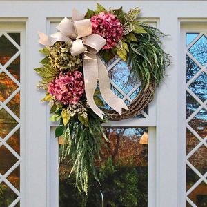 Farmhouse Pink Hydrangea Wreath Rustic Home Decor Artificial Garland for Front Door Wall Decor Q0812