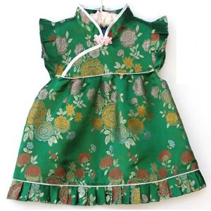 Grüne Pfingstrose Blumen Baby Kleidung Anzug Kleid + Hose Kleinkind Qipao Chinesisches Neujahr Kostüm Kinder Cheongsam Baby Geburtstagsgeschenk 210413