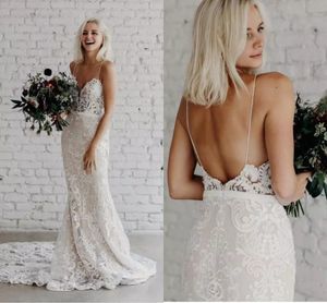 Wedding Dress Boho Lace Backless Spaghetti Strap Court Train Mermaid Charming Sweetheart Bridal Gowns Sleeveless Country Garden robes de mariée Bohemia AL9197