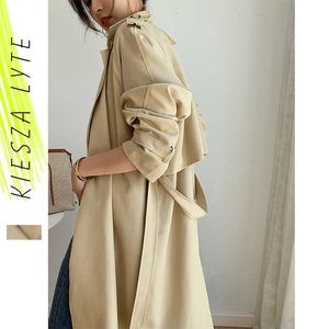 Mulheres Long Trench Casaco com Cinto Outono Inverno Patchwork Oversize Khaki Black Windbreaker Escritório Coreano Senhora Outwear 210608