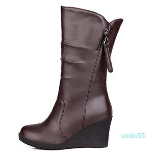 Stövlar plus storlek 34-48 casual wedge heels snö kvinnor bekväm päls plysch mittkalv mode svart brun vit vinter sko