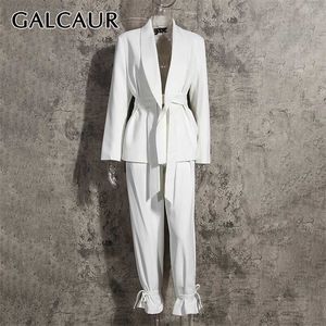 Galcaur Elegant Blazer for Women Wated Collar Maniche lunghe a vita alta Patchwork Sum White Coats Female Autumn Absust 210930