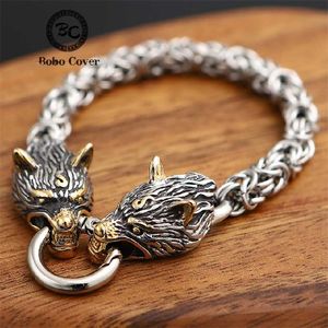 Never Fade Nordic Punk Viking Wolf Charm Bracelet Men Stainless Steel Chain Wristband Gold Head Bangles Accessories Jewelry 211124