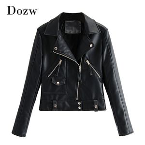 Chic Solid Pu Leather Jacket Women Long Sleeve Streetwear Short Tops Lady Lapel Neck Stylish Office Wear Coat Outerwear 210515