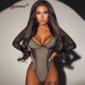 Colysmo Mesh Bodysuit En Kesim Uzun Kollu Düğmeler V Boyun Siyah Bodycon Zarif Seksi Tulum Kadınlar Casual Parti Temel Romper 210527