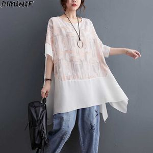 Dimanaf Plus Size Kobiety T-shirt White Bat Floral Print Patchwork Szyfonowa O-Neck Tops Koszula Luźne Lato 2021 Solidne nowe Tees 5XL X0628