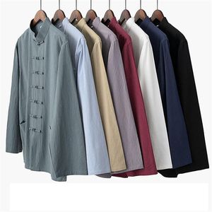 Abbigliamento etnico Cinese Uomo Tang Suit Autunno 2021 Camicia tradizionale a maniche lunghe con bottoni a disco con colletto alla coreana Stile retrò Tinta unita