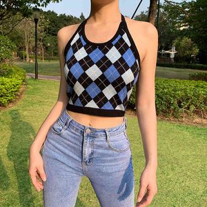 Argyle Drukowane dzianiny Sexy Bandaż Halter Y2K Crop Top Women Connects Lato Backless Vintage Plaid Girls Koszula Kobieta Party Tee 210415