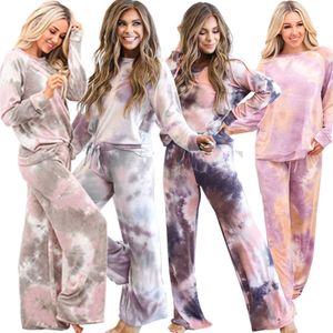 Passar Women Tie-Dye Print Casual 2 Piece Set Loungewear Autumn/Winter Long Sleeve T-shirt och breda benbyxor stor storlek Pyjamas 210528