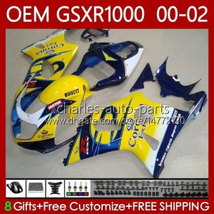 Carenature per stampi ad iniezione per SUZUKI 1000CC GSXR-1000 GSX Blu giallo R1000 GSXR 1000 CC 00 01 02 Carrozzeria 62No.71 GSXR1000 K2 2001 2002 2002 GSX-R1000 01-02 Kit corpo OEM