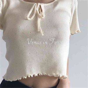 Kobiety Krótkie Pullover Top Lato Rękaw Slim Body Crop Sweter Ladies Koreański Chic Łuk Knit Topy 210525