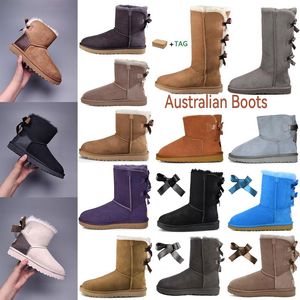 Designer Women Australia Australian Boots Winter Snow Furry Black Navy Blue Pink Satin Boot Ankle Bailey Booties pälsläder utomhus bowtie skor