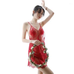 Women's Sleepwear See Through Lace Ightgowns Backless Lingerie Sleep Wear White Red Sexy Night Dress Womens Clothing Femme Homewear
