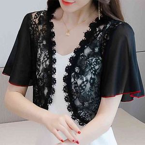 Blouse Women Blusas Mujer De Moda Short Sleeve Black Blouse Tops Cardigan Lace Chiffon Blouse Shirt Women Blouses D360 210426