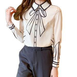 Silk casual shirt women's long-sleeved printed bow blouse summer Korean fashion clothing 210520