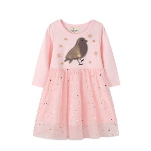 Springen Meter Herbst Winter Baby Mädchen Kleider mit Vogel Prinzessin Mesh Kleidung Party Tutu Kleid Langarm Kinder Kleider 210529