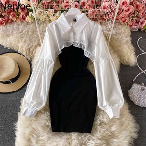 NAPOE 2 Parça Set Kadın Puf Kollu Ruffles Beyaz Kırpma Üst Sling Bandaj Elbise Kore Chic Suit Femme Roupas İki Parçalı Suit 210422