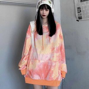 Lazy Style Hooded Hoodies Kvinnors mittlängd Vår och Höst Loose Koreansk Tunn Top Harajuku High Street Tie-Dye Al 210526